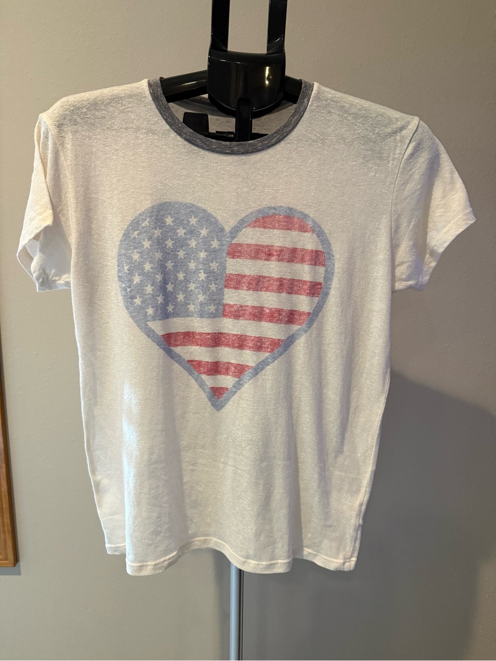 Billabong White Tee with Faded Red and Blue Heart Graphic